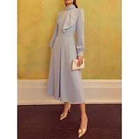 A-Line Mother of the Bride Dress Wedding Guest Elegant Petite High Neck Tea Length Satin Long Sleeve with Ruffles Ruching Solid Color 2023 Lightinthebox - thumbnail