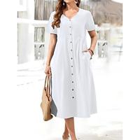 Women's Linen Dress Cotton Summer Dress White Cotton Dress Midi Dress Button Pocket Daily V Neck Short Sleeve Summer Spring White Royal Blue Plain Lightinthebox