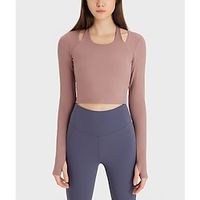 Women's Running T-Shirt Crop Top Solid Color Thumbhole Crop Top Black White Camel Yoga Fitness Halter Neck Long Sleeve High Elasticity Spring   Fall Lightinthebox - thumbnail