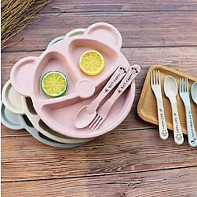 3pcs/set Wheat Straw Tableware Cartoon Bear Children Dishes Kids Dinner Plate Baby Fork Spoon Eating Dinnerware Dish Set miniinthebox