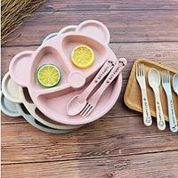 3pcs/set Wheat Straw Tableware Cartoon Bear Children Dishes Kids Dinner Plate Baby Fork Spoon Eating Dinnerware Dish Set miniinthebox - thumbnail