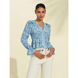 Women's Long Sleeve Shirt Boho / Paisley / Damask Daily Wear Vacation Flare Cuff Sleeve Sky Blue Printing Long Sleeve Beach V Neck Spring Summer Lightinthebox