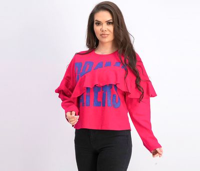 Womens Ruffle Slogan Sweatshirt  Magenta