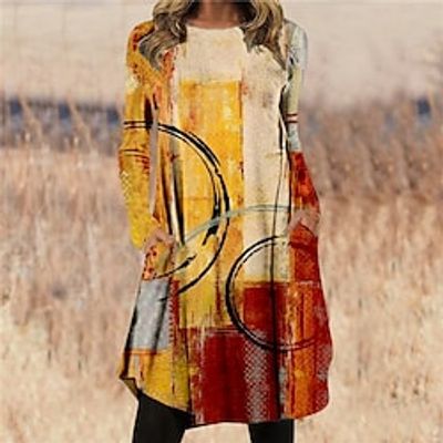 Women's Casual Dress T Shirt Dress Tee Dress Shift Dress Mini Dress Yellow Red Brown Long Sleeve Geometric Pocket Winter Fall Spring Crew Neck Fashion Daily 2023 S M L XL XXL 3XL miniinthebox