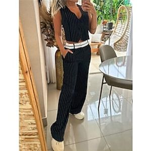 Women's Suits Office Work Daily Wear Summer Spring Regular Coat Regular Fit Breathable Comtemporary Stylish Formal Jacket Sleeveless Stripes with Pockets Slim Fit Black Red Lightinthebox