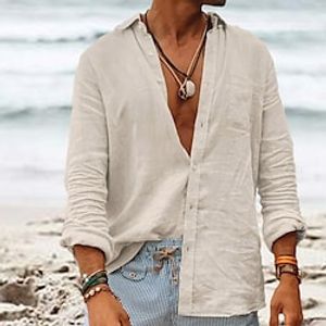 Men's Linen Shirt Shirt Summer Shirt Lapel Spring  Summer Long Sleeve Green Beige Plain Casual Daily Clothing Apparel Lightinthebox