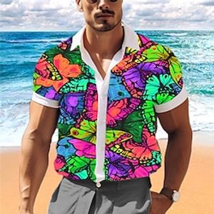 Butterfly Artistic Men's Shirt Outdoor Street Casual Daily Summer Turndown Short Sleeve Blue Purple Green S M L Shirt Lightinthebox