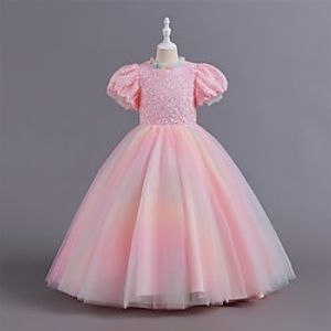 Kids Girls' Party Dress Solid Color Tulle Dress Maxi Dress Performance Sequins Crew Neck Short Sleeve Elegant Dress 4-13 Years Spring Pink Light Blue Lightinthebox