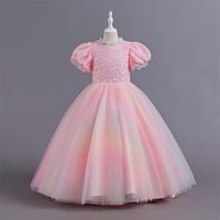 Kids Girls' Party Dress Solid Color Tulle Dress Maxi Dress Performance Sequins Crew Neck Short Sleeve Elegant Dress 4-13 Years Spring Pink Light Blue Lightinthebox - thumbnail