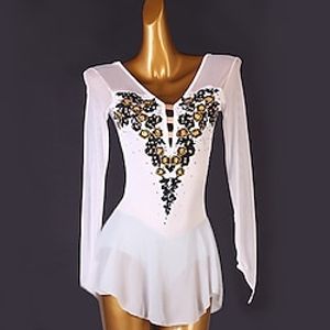 Figure Skating Dress Women's Girls' Ice Skating Dress White Patchwork Open Back Mesh High Elasticity Training Competition Skating Wear Classic Long Sleeve Ice Skating Figure Skating Lightinthebox