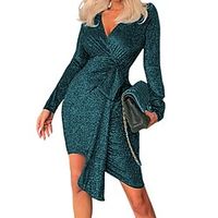 Women's Bodycon Blue Long Sleeve Pure Color Ruched Winter Fall Autumn V Neck Mature Winter Dress Fall Dress Slim 2022 S M L XL XXL miniinthebox - thumbnail