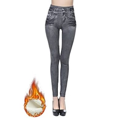 Women's Fleece Faux Denim Leggings Full Length High Elasticity High Waist Simple Comfort Daily Wear Black Blue S M Spring   Fall Fall  Winter Lightinthebox