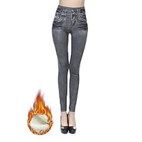 Women's Fleece Faux Denim Leggings Full Length High Elasticity High Waist Simple Comfort Daily Wear Black Blue S M Spring   Fall Fall  Winter Lightinthebox - thumbnail