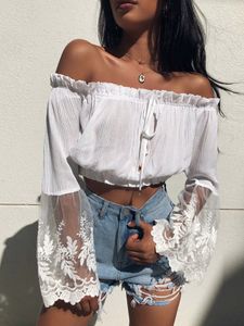 YOINS Lace Mesh Patchwork Off The Shoulder Shirt