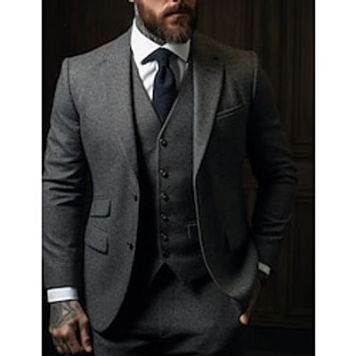 Gray Men's Tweed Wedding Suits 3 Piece Solid Colored Slim Fit Single Breasted Two-buttons 2023 miniinthebox