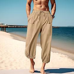 Men's Linen Pants Trousers Summer Pants Drawstring Elastic Waist Straight Leg Plain Comfort Breathable Full Length Casual Daily Holiday Fashion Classic Style White Navy Blue Lightinthebox