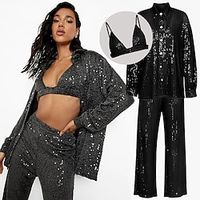 Set with Sequin Shirt Bra Straight Leg Pants 3 PCS Party Outfits Disco 1980s Shiny Metallic Outfits Women's Club Wear Lightinthebox - thumbnail