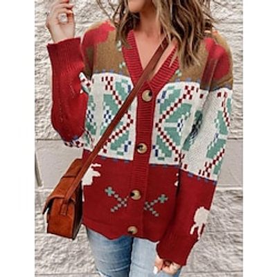 Women's Ugly Christmas Sweater Cardigan Sweater Jacket V Neck Ribbed Knit Polyester Button Knitted Fall Winter Regular Outdoor Christmas Daily Stylish Casual Soft Long Sleeve Geometric Color Block Elk Lightinthebox