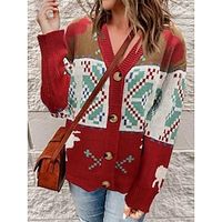 Women's Ugly Christmas Sweater Cardigan Sweater Jacket V Neck Ribbed Knit Polyester Button Knitted Fall Winter Regular Outdoor Christmas Daily Stylish Casual Soft Long Sleeve Geometric Color Block Elk Lightinthebox - thumbnail