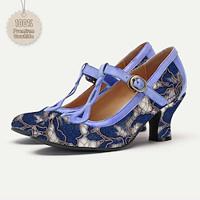 Women's Heels Wedding Shoes Vintage Shoes Lace Chunky Heel Cuban Heel Fantasy Heel Round Toe Elegant Vintage Lace Leather T-Strap Blue Lightinthebox