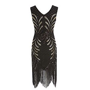 Women's Party Dress Flapper Dress Knee Length Dress Gold Black Sleeveless Floral Print Abstract Sequins Tassel Fringe Spring Summer V Neck 1920s Elegant Vintage Party 2021 M L XL XXL Lightinthebox