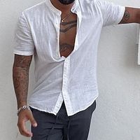 Men's Linen Shirt Shirt Button Up Shirt Casual Shirt White Short Sleeve Plain Henley Summer Hawaiian Holiday Clothing Apparel Button-Down Lightinthebox