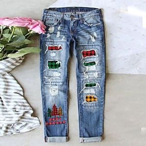 Women's Christmas Jeans Distressed Jeans Denim Blue Fashion Christmas Street Casual Baggy Ripped Micro-elastic Full Length Comfort Plaid S M L XL XXL  Print Lightinthebox