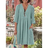 Women's Casual Dress Cotton Linen Dress Mini Dress Linen Cotton Blend Basic Modern Daily Weekend V Neck Basic 34 Length Sleeve Summer Spring 2023 Loose Fit Green Plain S M L XL 2XL Lightinthebox