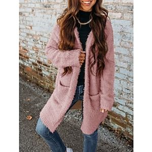 Women's Cardigan Sweater Jumper Fuzzy Knit Long Pocket Solid Color Open Front Stylish Casual Daily Going out Fall Winter Pink Khaki S M L Lightinthebox