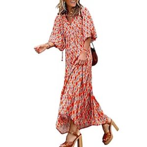 Women's A Line Dress Maxi long Dress Purple Fuchsia Orange Half Sleeve Floral Print Spring Summer V Neck Casual Lantern Sleeve 2022 S M L XL miniinthebox