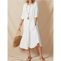 Women's Summer Midi Cotton Linen Blend Dress White Plain Crew Neck Loose Fit with Button Pocket Lightinthebox