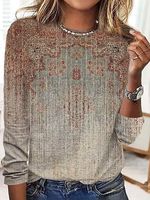 Round Neck Casual Loose Vintage Print Long Sleeve T-shirt