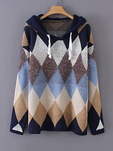 Hat Collar Patchwork Casual Color Block Geometric Printed Long Sleeve Knit Pullover