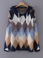 Hat Collar Patchwork Casual Color Block Geometric Printed Long Sleeve Knit Pullover - thumbnail