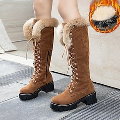 Women's Boots Suede Shoes Plus Size Lace Up Boots Daily Fleece Lined Knee High Boots Block Heel Chunky Heel Round Toe Vintage Elegant Plush Faux Suede Lace-up Black Brown Coffee Lightinthebox