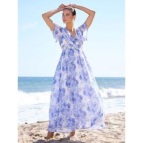 Chiffon Floral Short Sleeve V Neck Maxi Dress