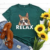 Women's T shirt Dog Graphic Letter Print Round Neck Basic Vintage Tops Green Blue Black miniinthebox - thumbnail