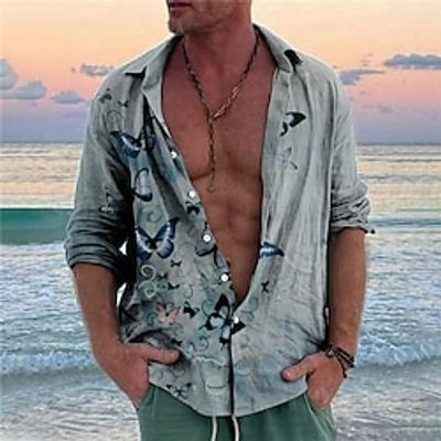 Men's Shirt Butterfly Graphic Prints Turndown Blue Purple Outdoor Street Long Sleeve Button-Down Print Clothing Apparel Fashion Streetwear Designer Casual miniinthebox
