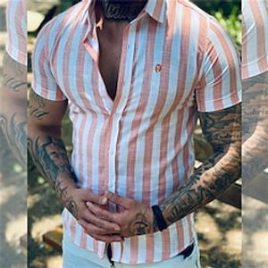 Men's Shirt Hot Stamping Striped Graphic Turndown Street Casual Button-Down Print Short Sleeve Tops Casual Fashion Breathable Comfortable Orange miniinthebox