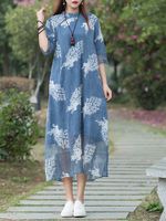 Folk Style Printed Stand Collar Half Sleeve Dress