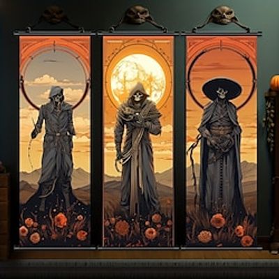 1pc Halloween Poster with Hangers Courtyard Skeleton Ghost Pumpkin Bat Party Witch Painting Lantern Enchantress Wall Art Canvas Posters Art For Home Living Room Decoration Wall Art Decor miniinthebox