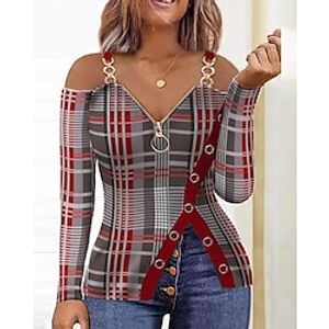 Women's Shirt Blouse Plaid Wine Print Quarter Zip Long Sleeve Casual Fashion V Neck Regular Fit Spring   Fall Lightinthebox