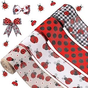 2.5 Inch x 5Yard Ladybugs Canvas Ribbons Lady Bug Wire Edged Wrapping Ribbon Red Polka Dot Wired Edge Ribbon Grosgrain Red Dot Craft Ribbon for Crafting Wrapping Party Decoration miniinthebox