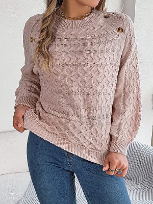 Women's Solid Color Twist Button Lantern Sleeve Pullover Sweater
