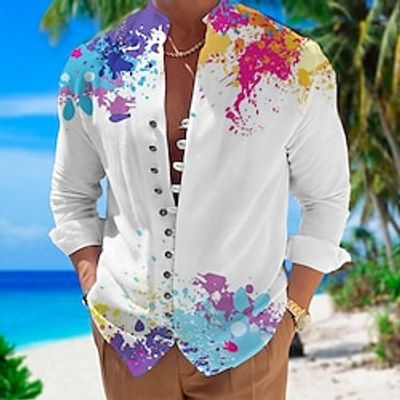 Men's Shirt Linen Shirt Floral Gradient Graphic Prints Oil Painting Stand Collar White Pink Blue Purple Orange Outdoor Street Long Sleeve Print Clothing Apparel Linen Fashion Streetwear Designer miniinthebox