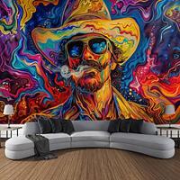 Psychedelic Blacklight Tapestry UV Reactive Glow in the Dark Trippy Misty Western Cow Man Hanging Tapestry Wall Art Mural for Living Room Bedroom Lightinthebox