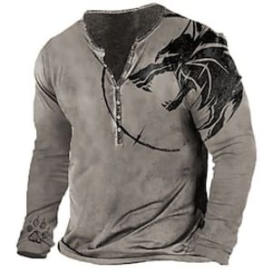 Graphic Animal Fashion Daily Casual Men's 3D Print Henley Shirt Casual Holiday Going out T shirt Brown Green Dark Blue Long Sleeve Henley Shirt Spring   Fall Clothing Apparel S M L XL 2XL 3XL Lightinthebox