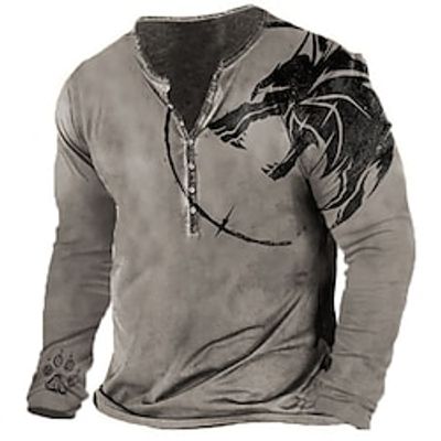 Graphic Animal Fashion Daily Casual Men's 3D Print Henley Shirt Casual Holiday Going out T shirt Brown Green Dark Blue Long Sleeve Henley Shirt Spring   Fall Clothing Apparel S M L XL 2XL 3XL Lightinthebox