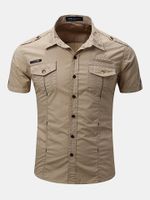 Outdoor Casual Washed Cargo Chest Pockets Band Collar Dress Shirts for Men