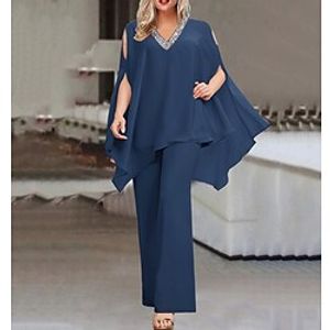 Women's Jumpsuit Solid Color V Neck Elegant Holiday Weekend Straight Regular Fit Half Sleeve Navy Blue S M L Spring Lightinthebox